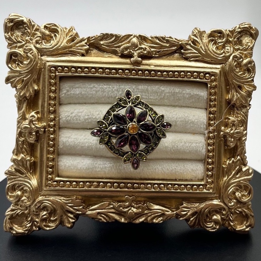 Heidi Daus Paris Salon French Twist Green Purple Crystal Brass Ring Sz 8.5